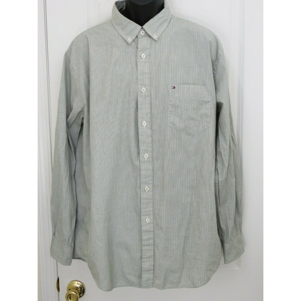 Tommy Hilfiger Crest Mens Oxford Shirt‎ Green Stripe Long Sleeve Cotton Large